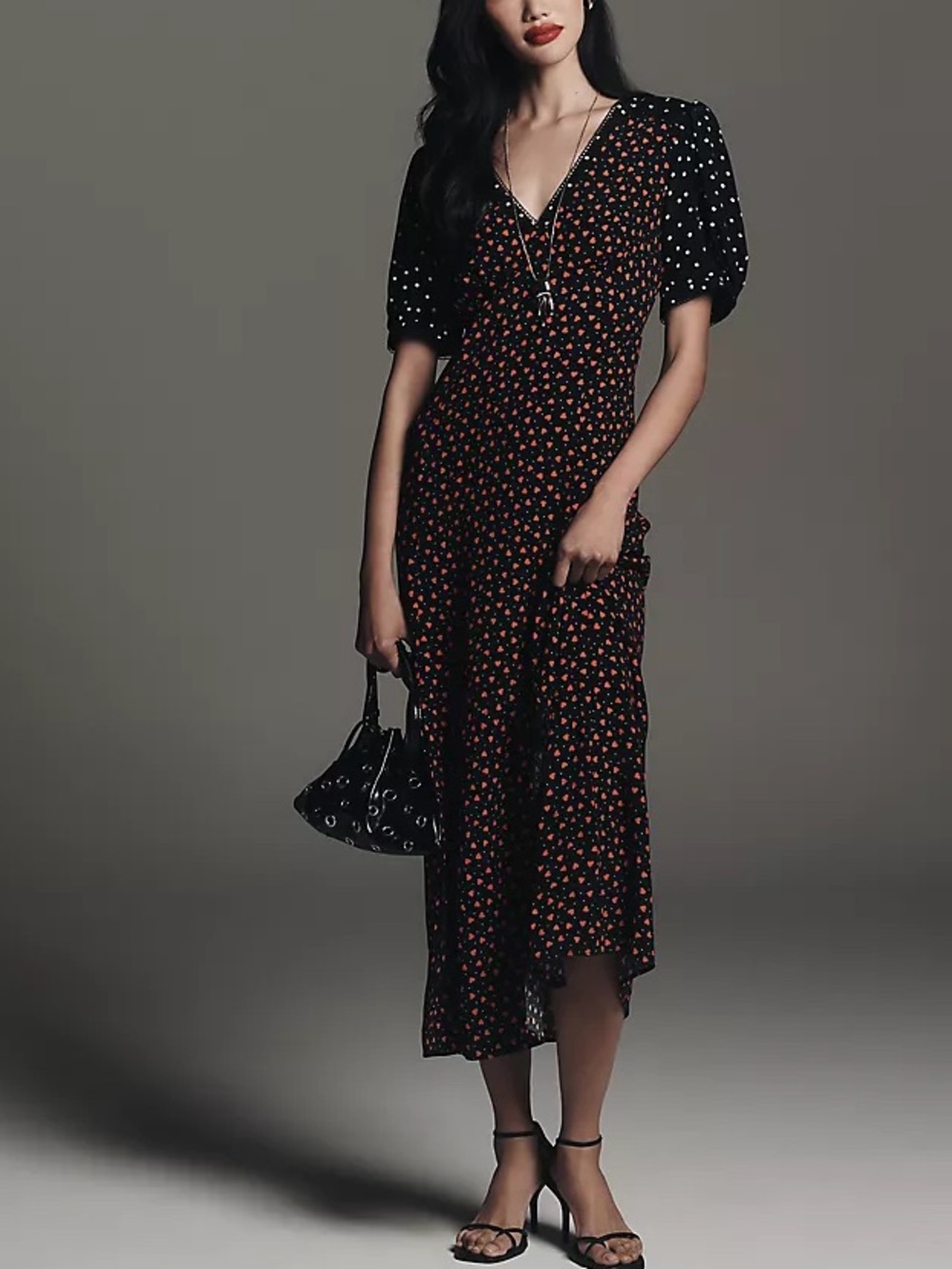 Anthropologie Maeve V-Neck A-Line Maxi Dress Black Red Heart Print XS